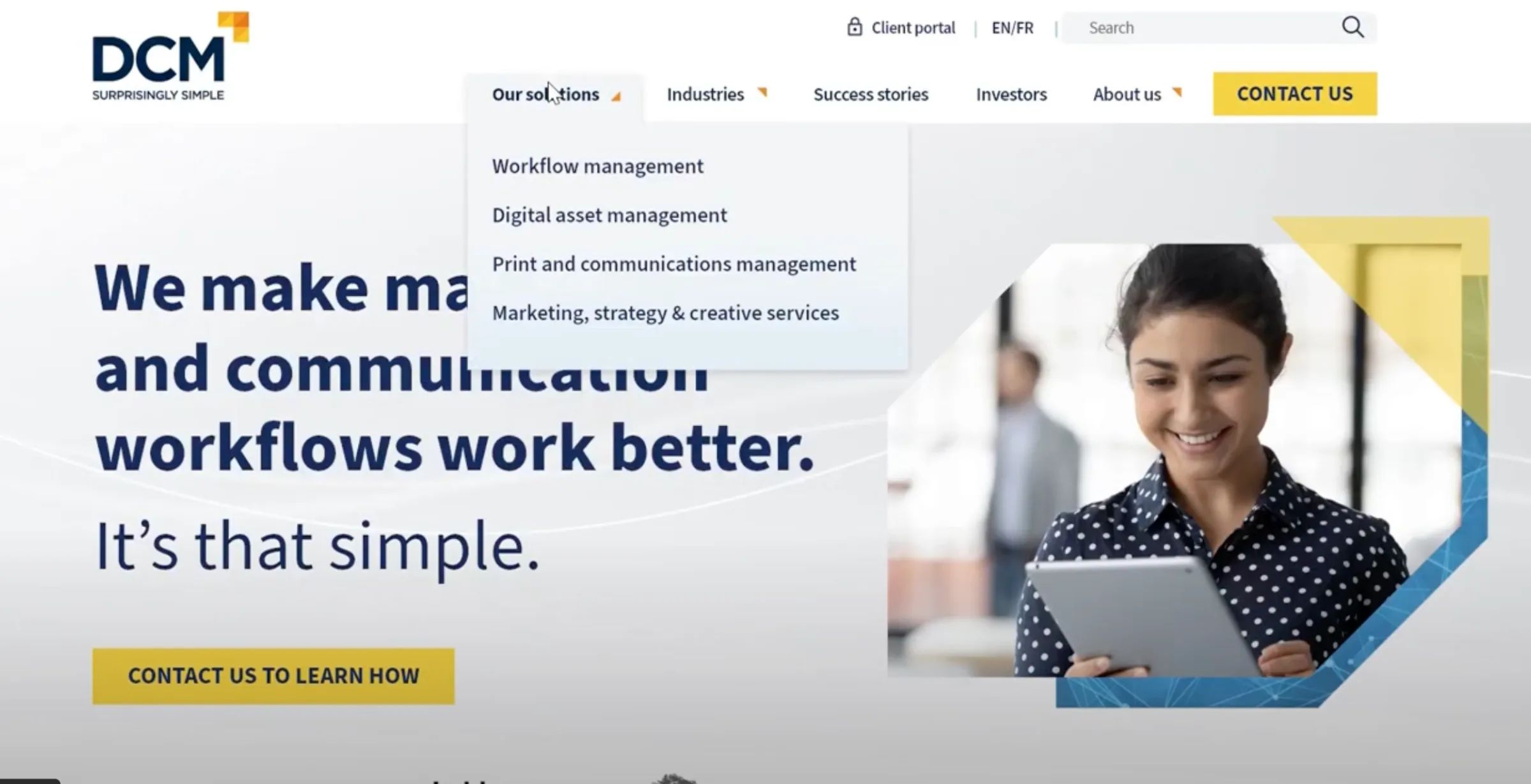 DCM homepage with the original solutions dropdown listing service names only