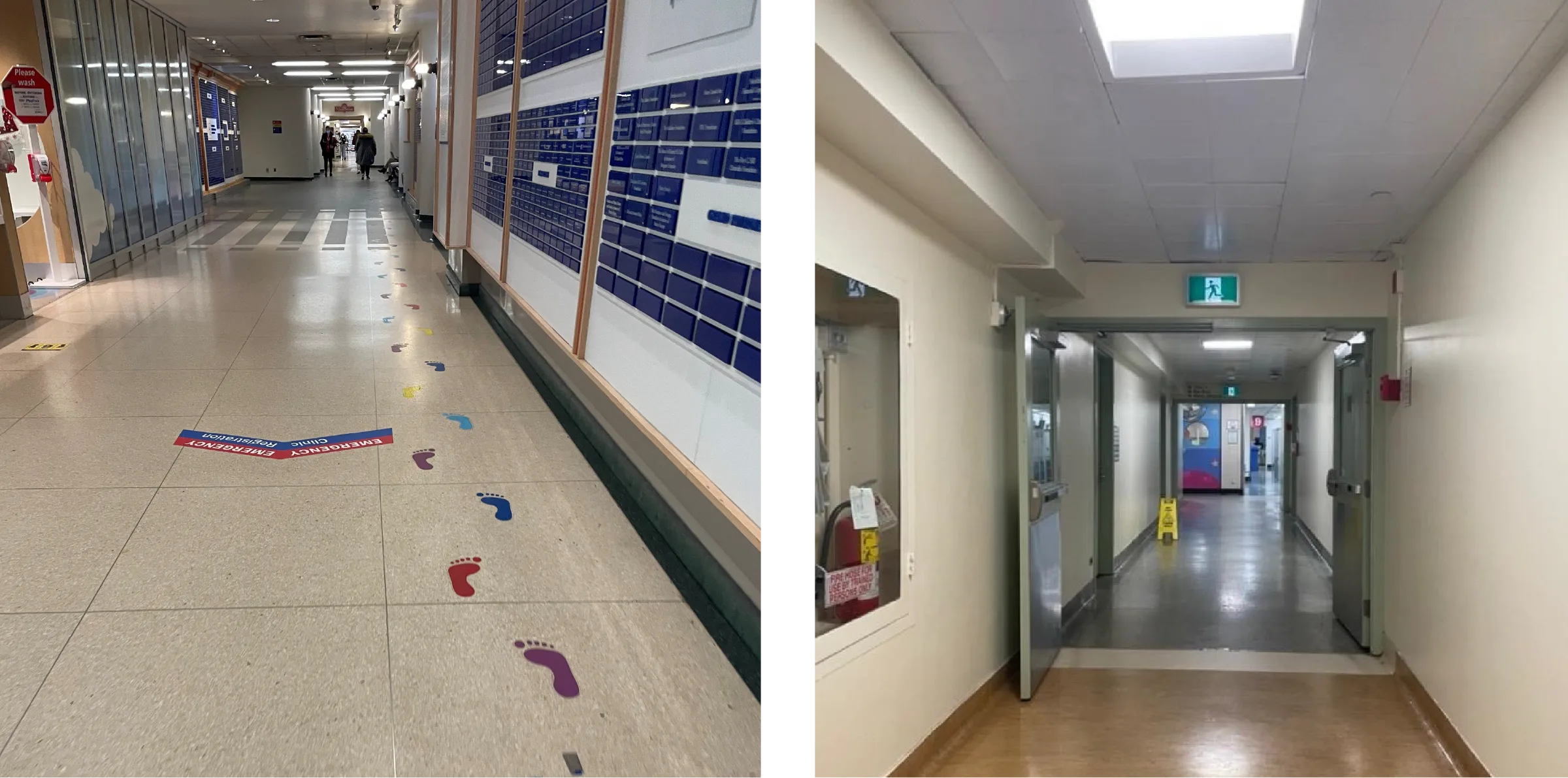 Hospital corridor with coloured footprint stickers leading to emergency registration