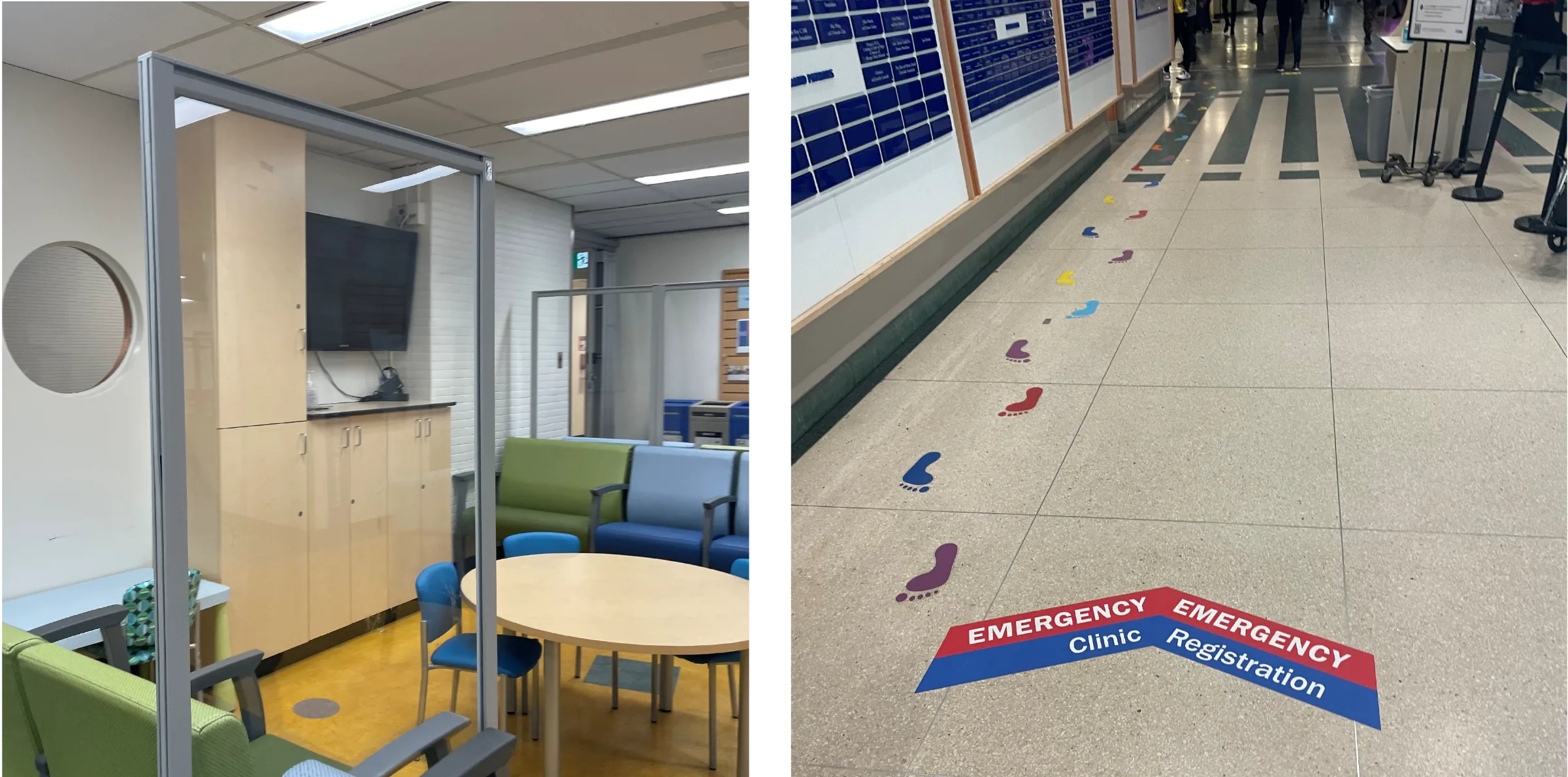 Waiting area and a corridor of identical doors further inside the hospital
