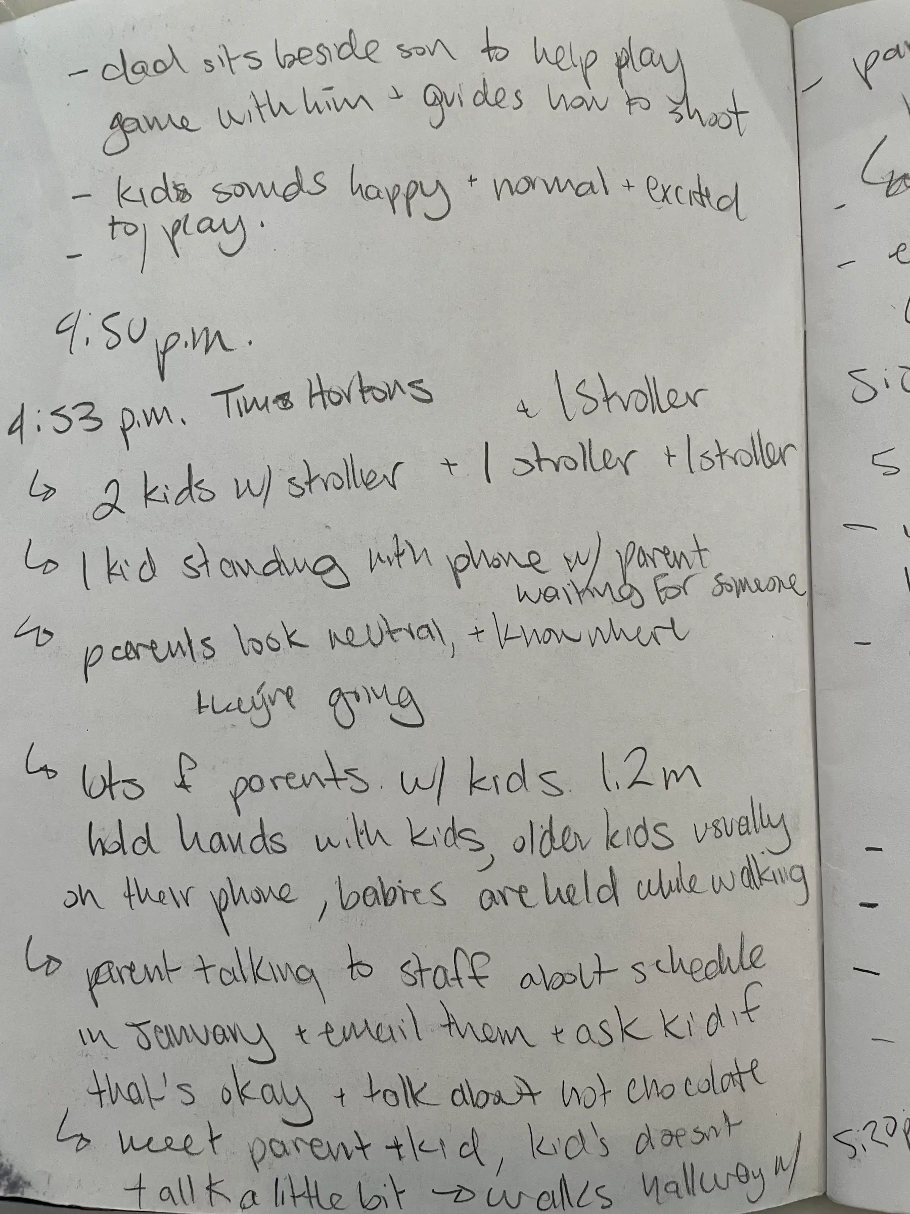 Handwritten observation notes timestamped through the afternoon