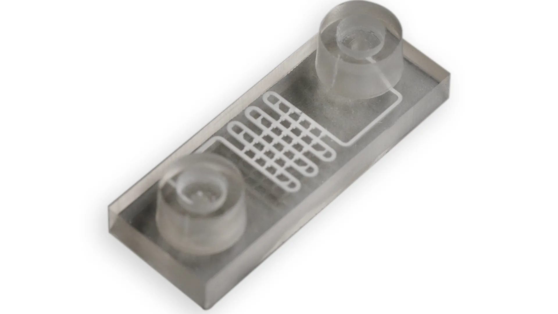 Clear resin cell-sorting chip with two round ports and a white serpentine channel lined with rows of small wells