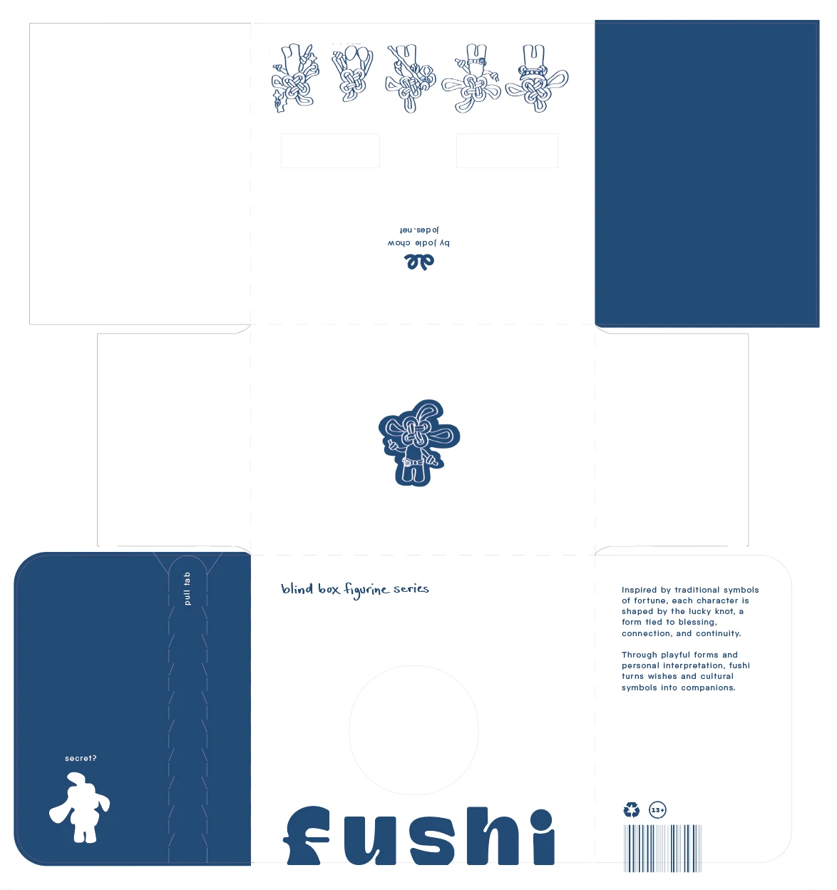 Flat dieline of the final FUSHI outer packaging, with hand-drawn knot characters, a pull tab and the fushi wordmark in navy