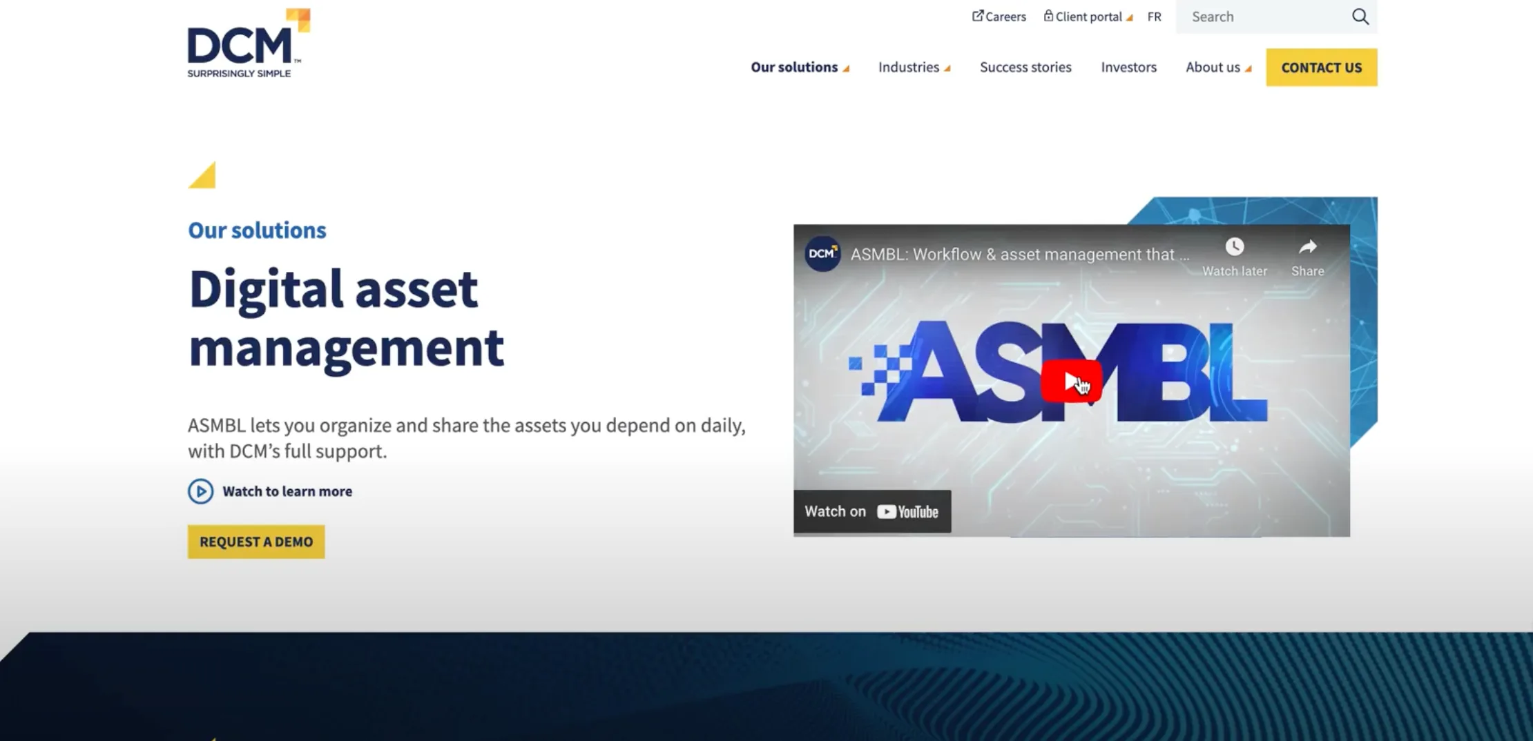 Digital asset management page with the watch link placed under the body copy on the left