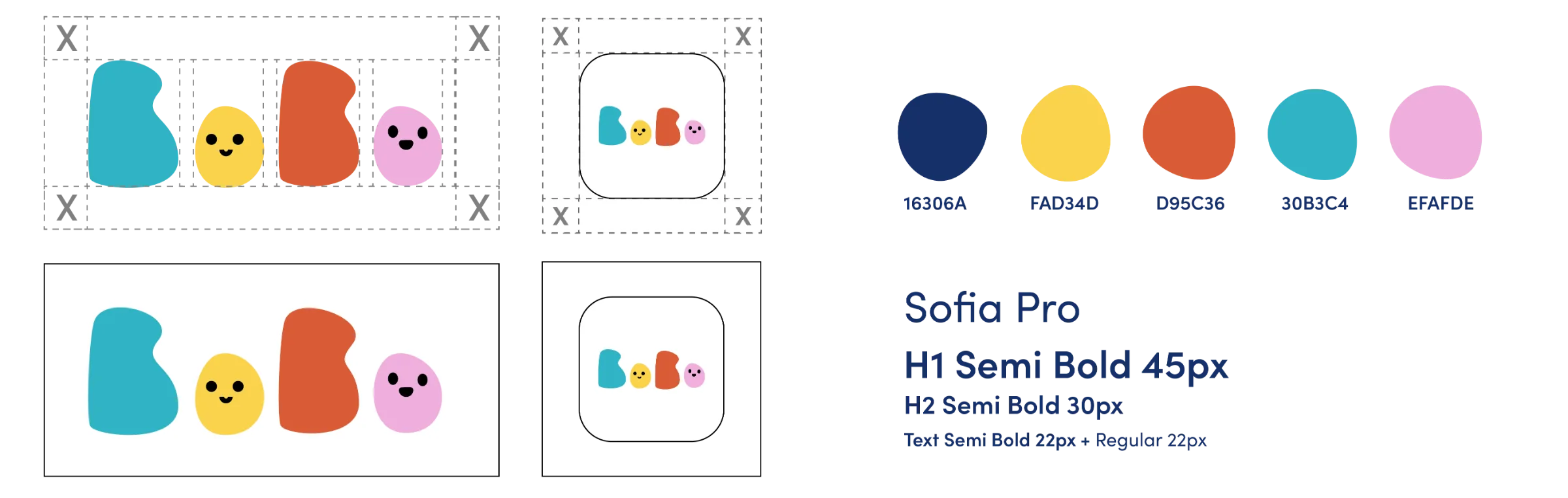 Brand sheet: logo construction, clear space, colour palette and Sofia Pro type scale