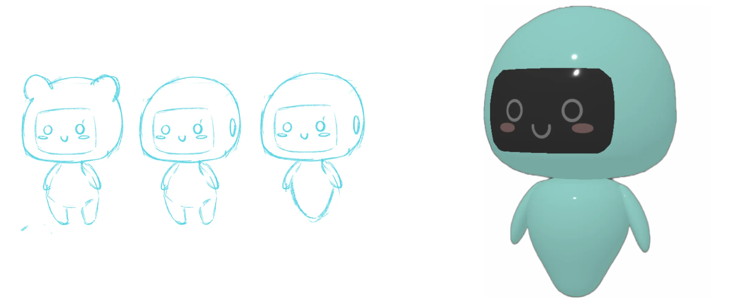 Early mascot sketches beside the first 3D model in mint green