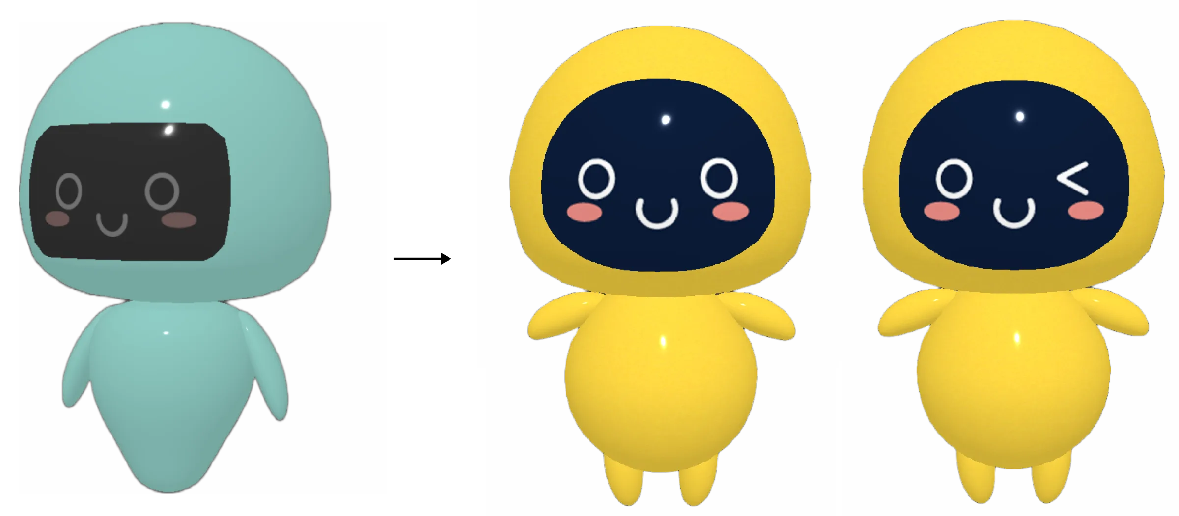 Mint prototype next to the final yellow Bobo with a rounded hood and expressive face