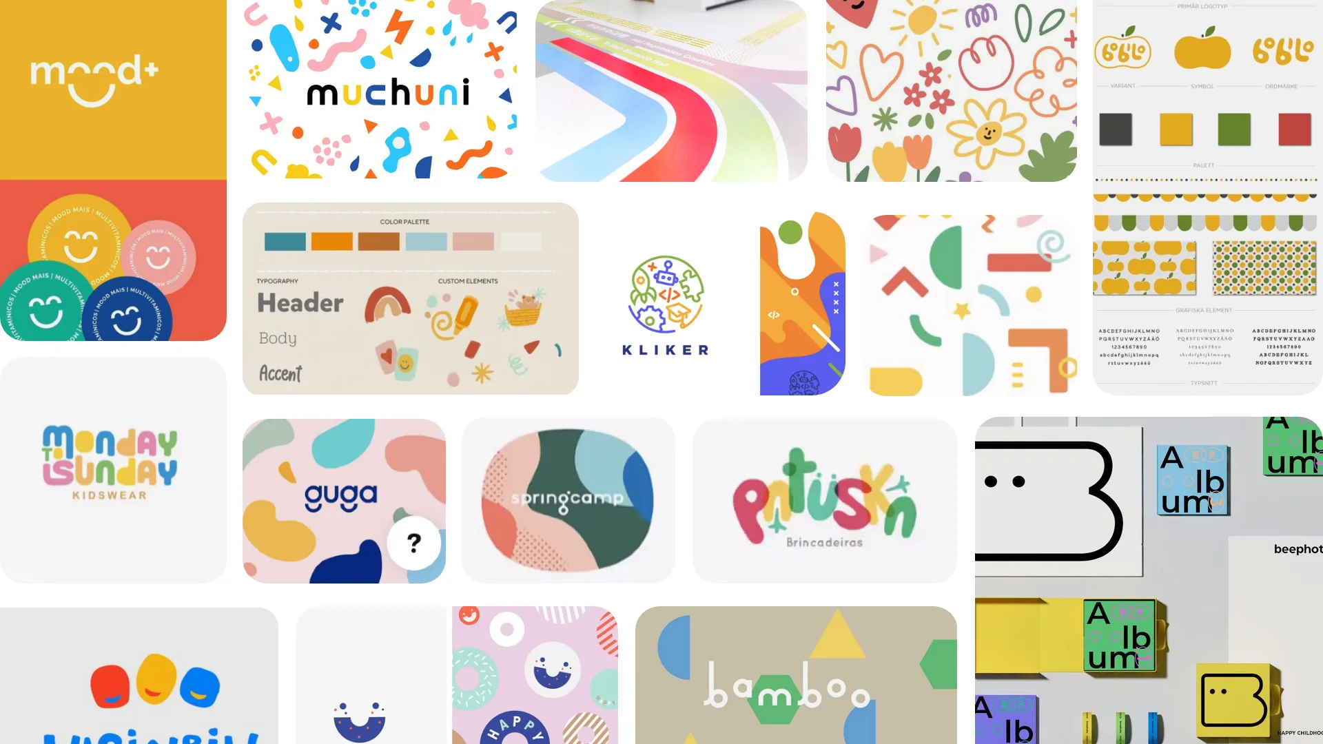 Moodboard of playful children's brands, organic shapes and bright palettes
