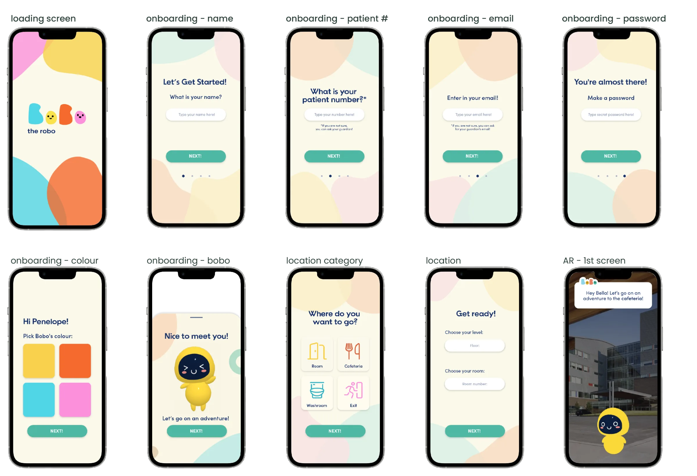 First prototype: loading screen, four onboarding steps, location category and first AR screen