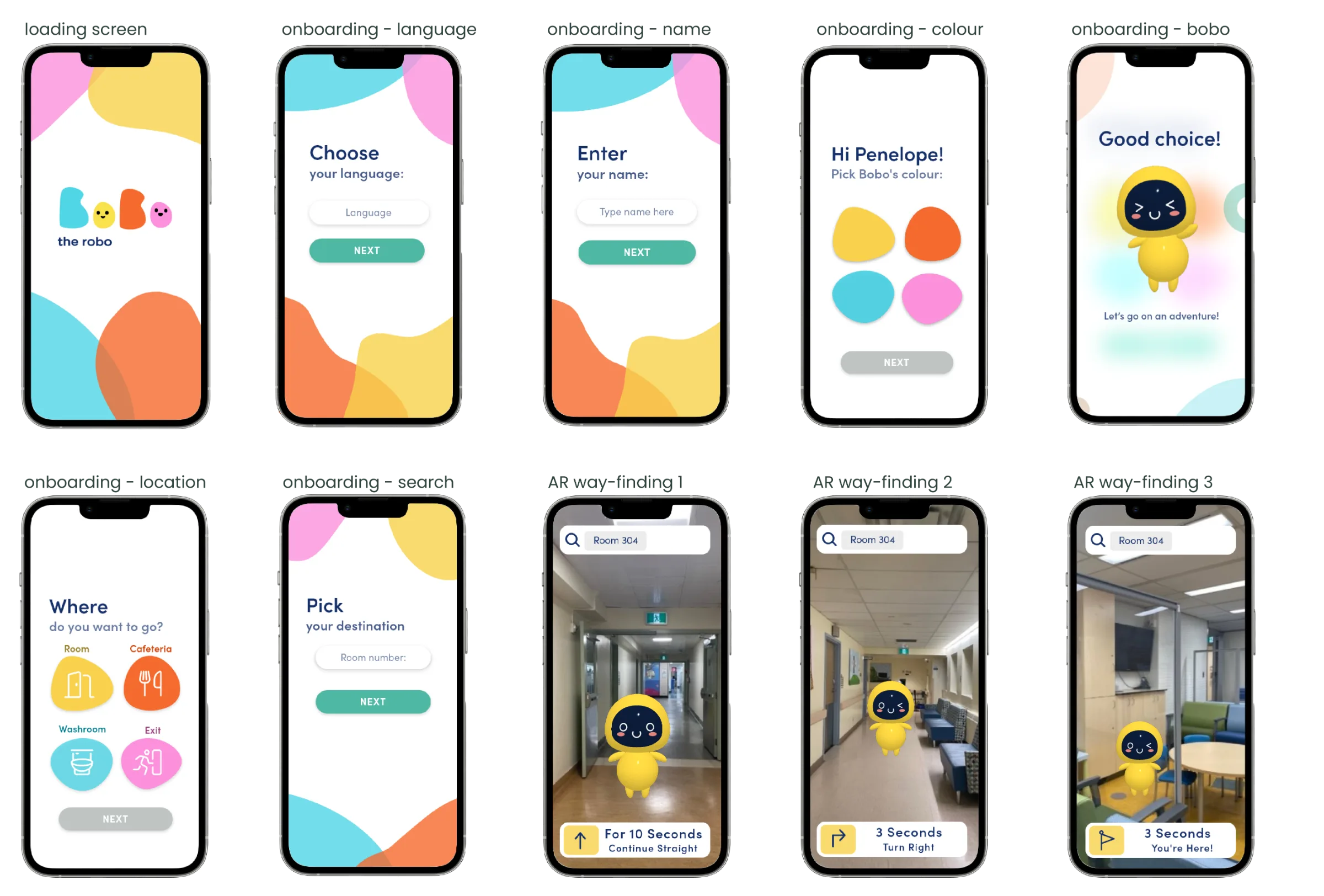 Second prototype: language, name, colour, destination and three AR wayfinding screens with turn instructions