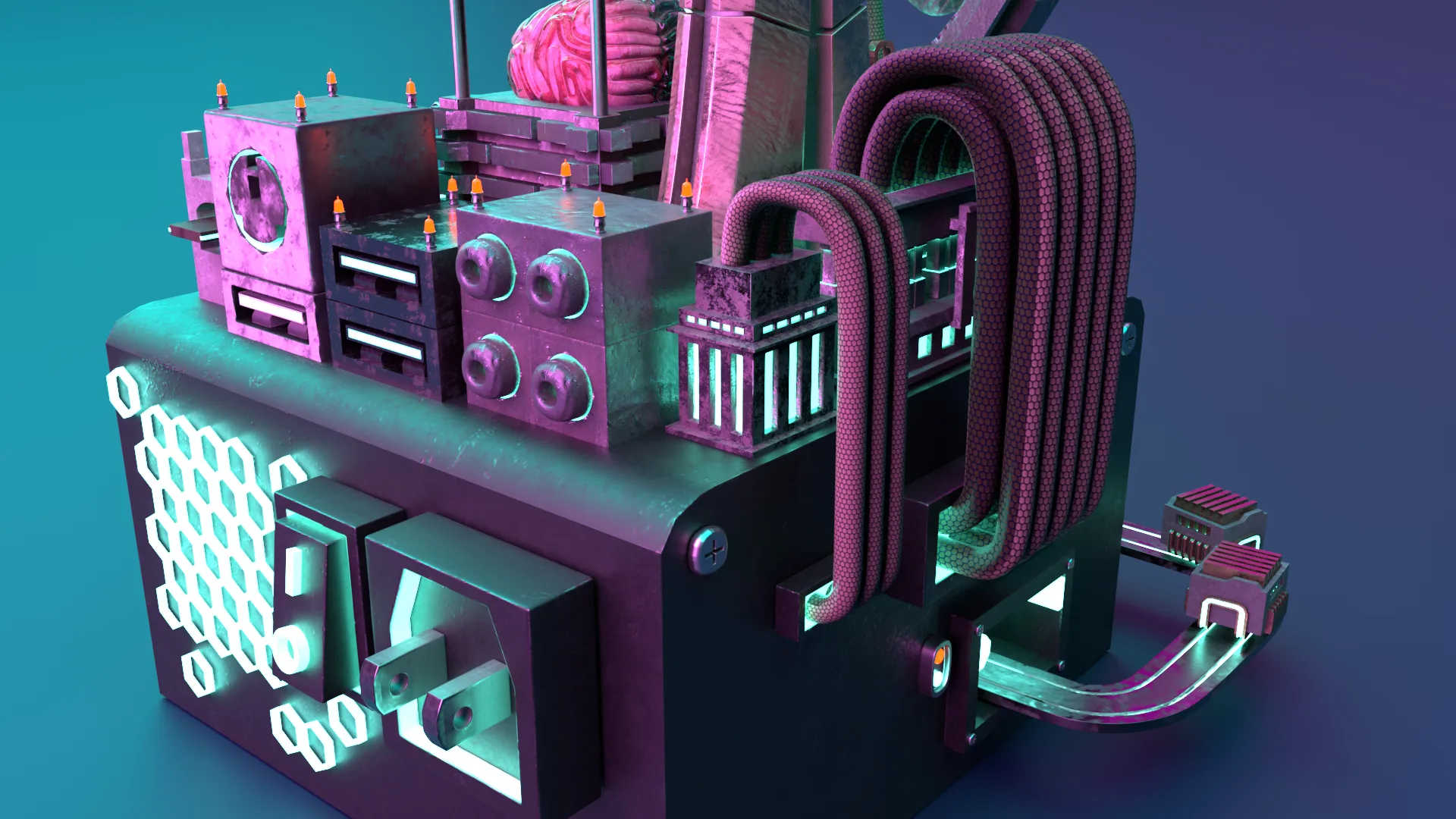 Render of the city from the front, ports and cabling in the foreground