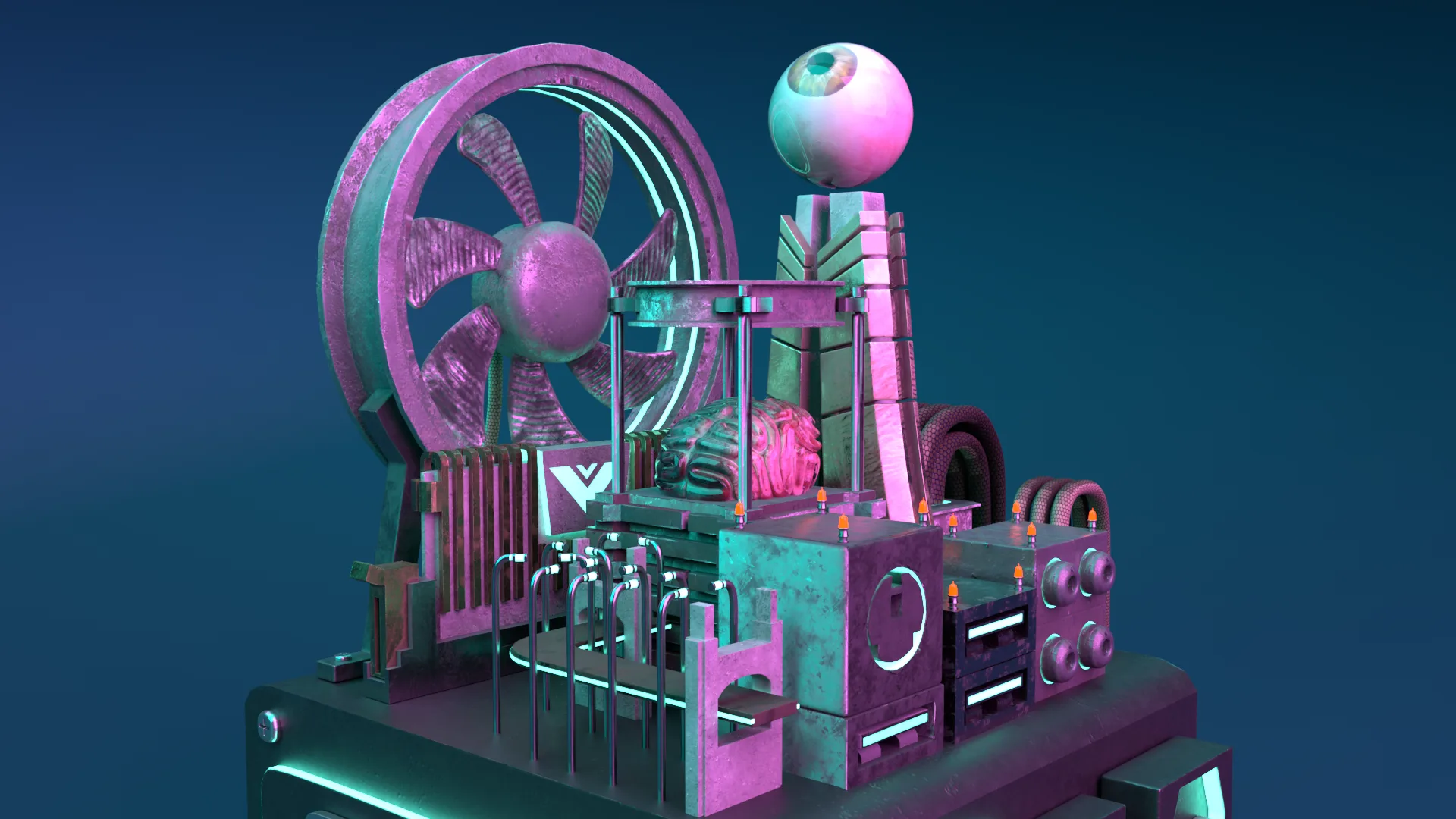 Render of the city looking up at the GPU eye tower
