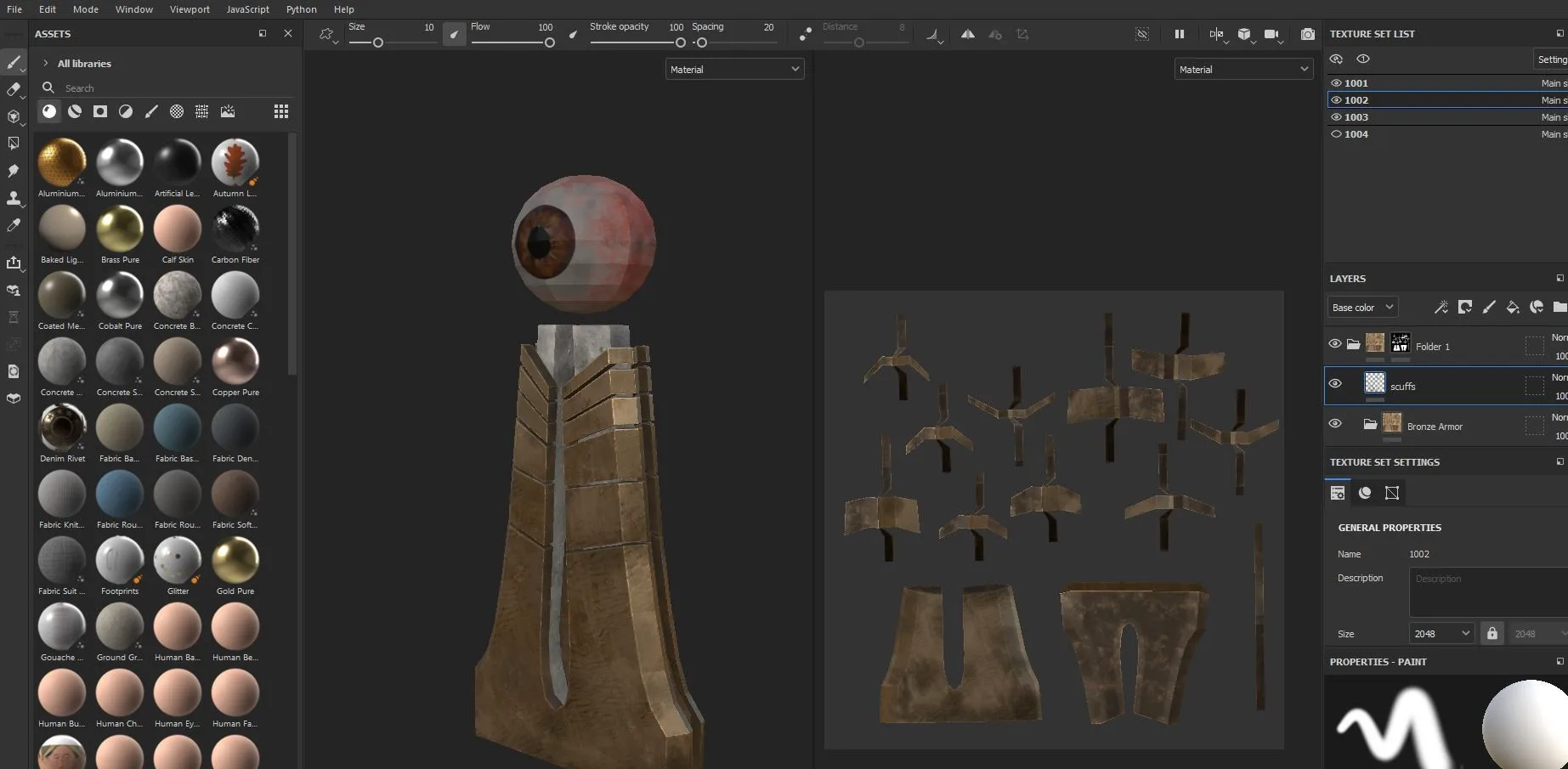Substance Painter: the GPU eye tower in bronze armour with a scuff layer