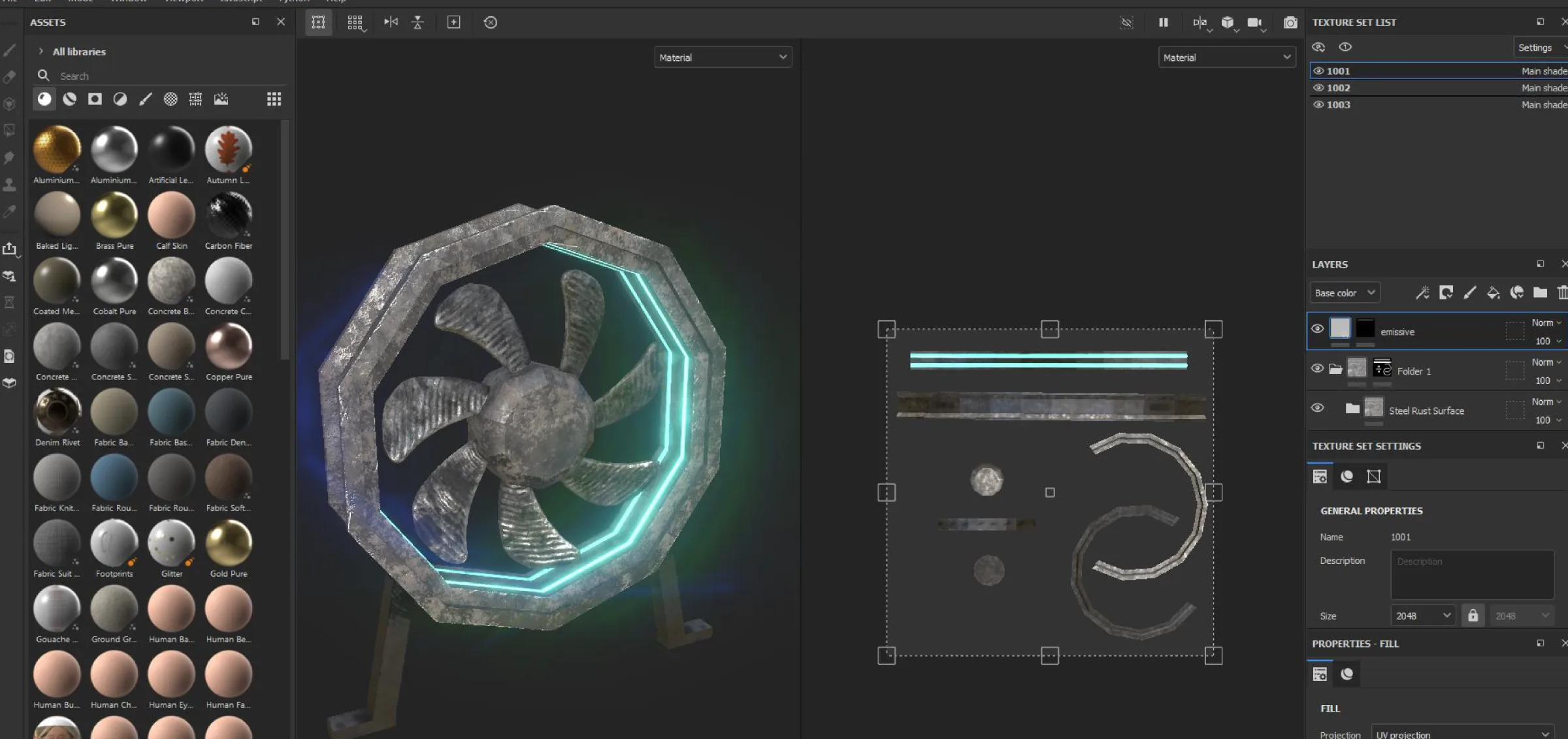 Substance Painter: the carousel fan with its emissive ring and layer stack