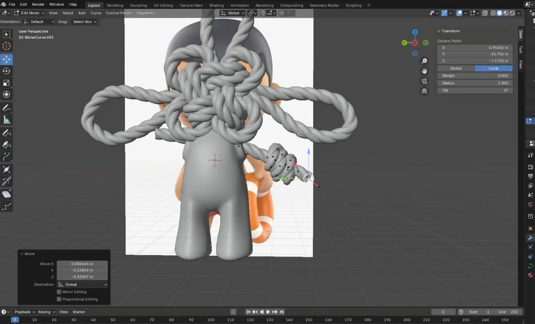 The character being modelled in Blender, rope knot head over a simple body