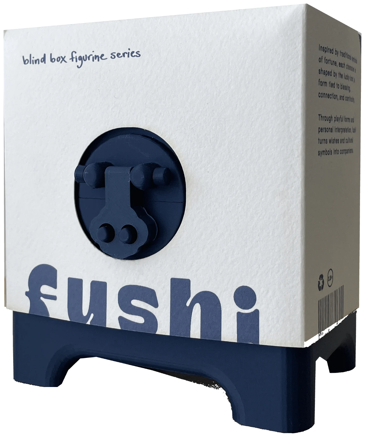 FUSHI blind box: navy 3D printed box in its white paper sleeve